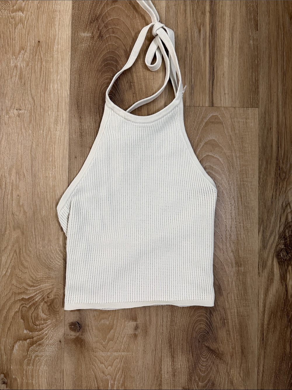 La Hearts Cream Ribbed Halter Crop Tank